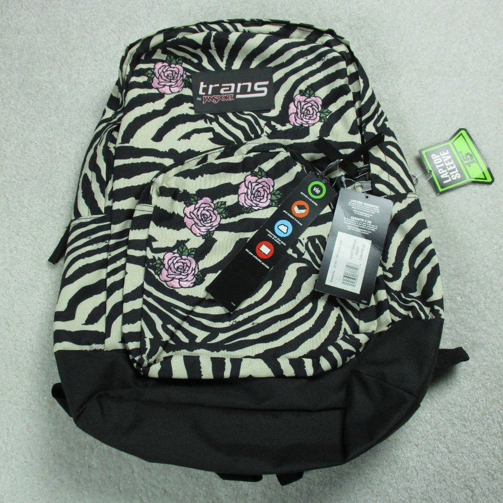 Trans by Jansport Backpack Zebra Rose Embroidered Book Bag Laptop Sleeve NWT
